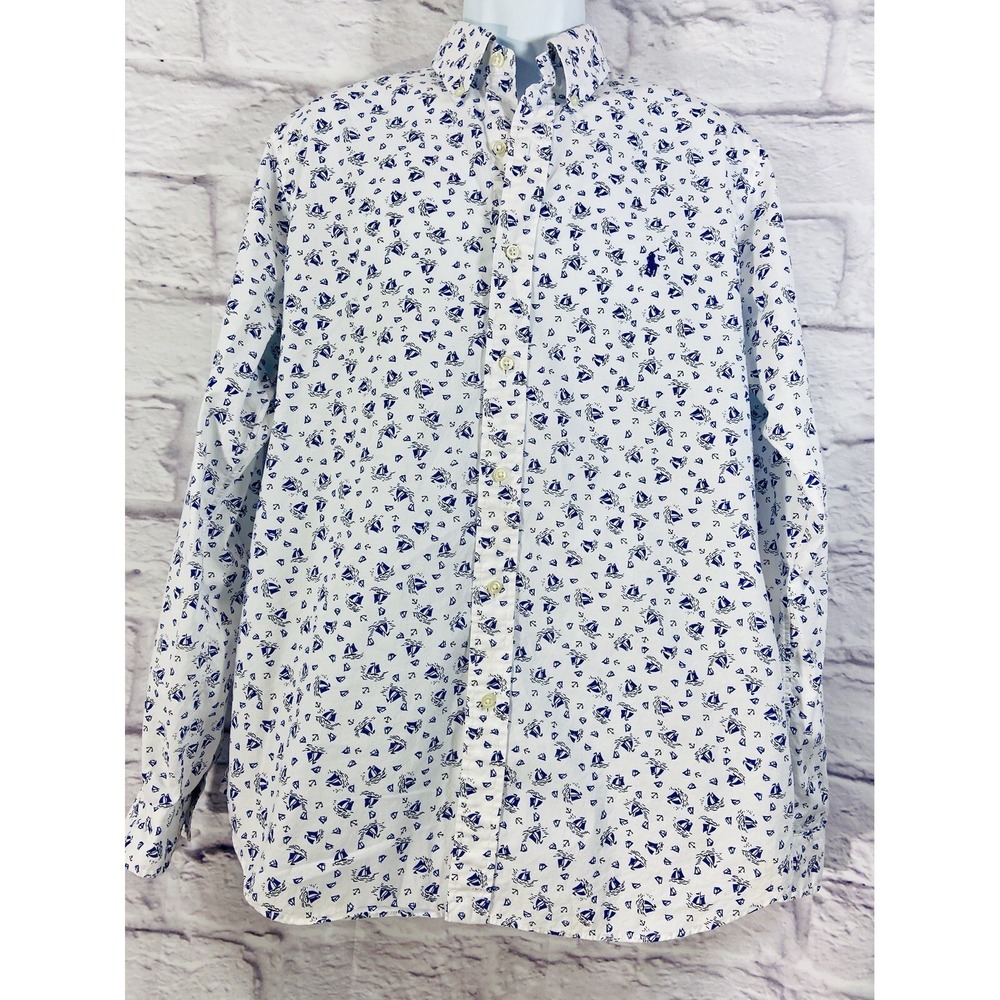 Polo Ralph Lauren Shirt Men's Large White Blue Button-Down Boat Prints